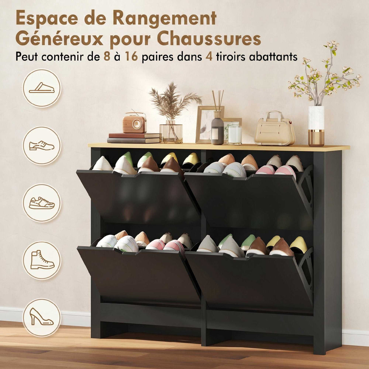 Meuble à chaussures 16 paires, armoire à chaussures avec 4 tiroirs rabattables étagères réglables, noir et bois naturel-4