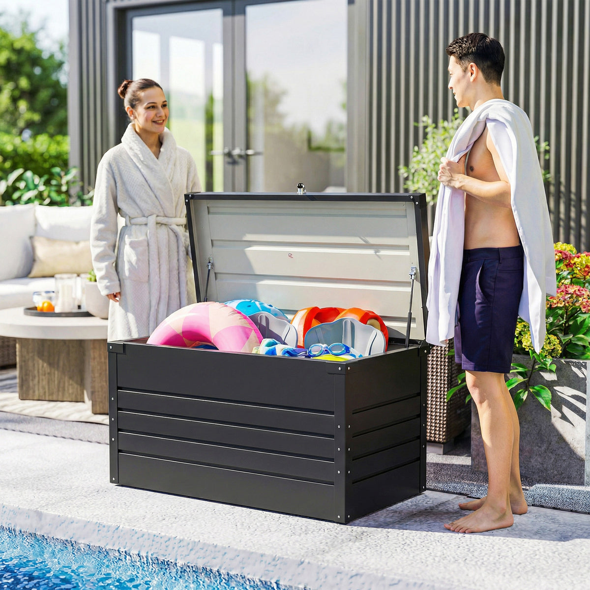 Coffre de rangement métal boîte de jardin 350L double vérins à gaz verrouillable pour coussins outils gris anthracite-7