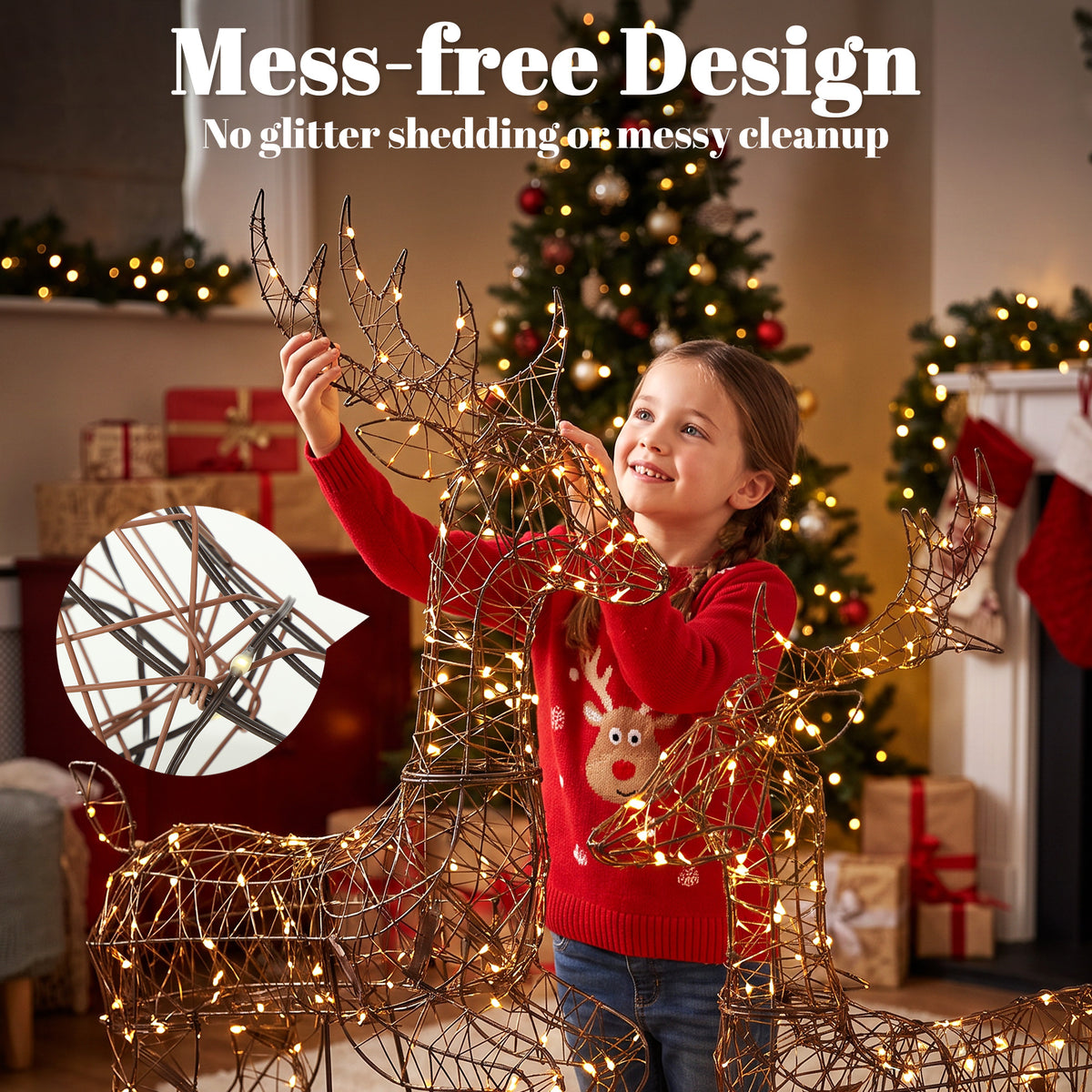 Lot de 2 Rennes de Noël avec Traîneau Lumineux 3 Pièces, 240 LED Blanc Chaud, 8 Modes et Minuterie, 78x22x105cm, Marron-7