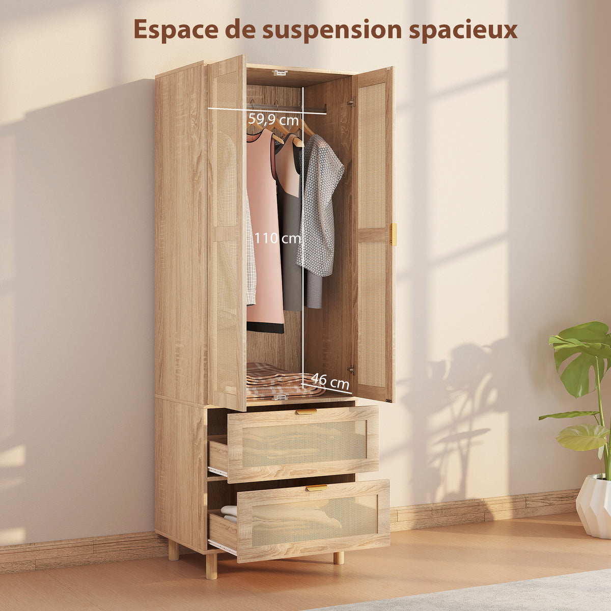 Armoire chambre penderie avec 2 portes en rotin, 2 tiroirs et barre de suspension, 63 x 47 x 185 cm, bois naturel-3