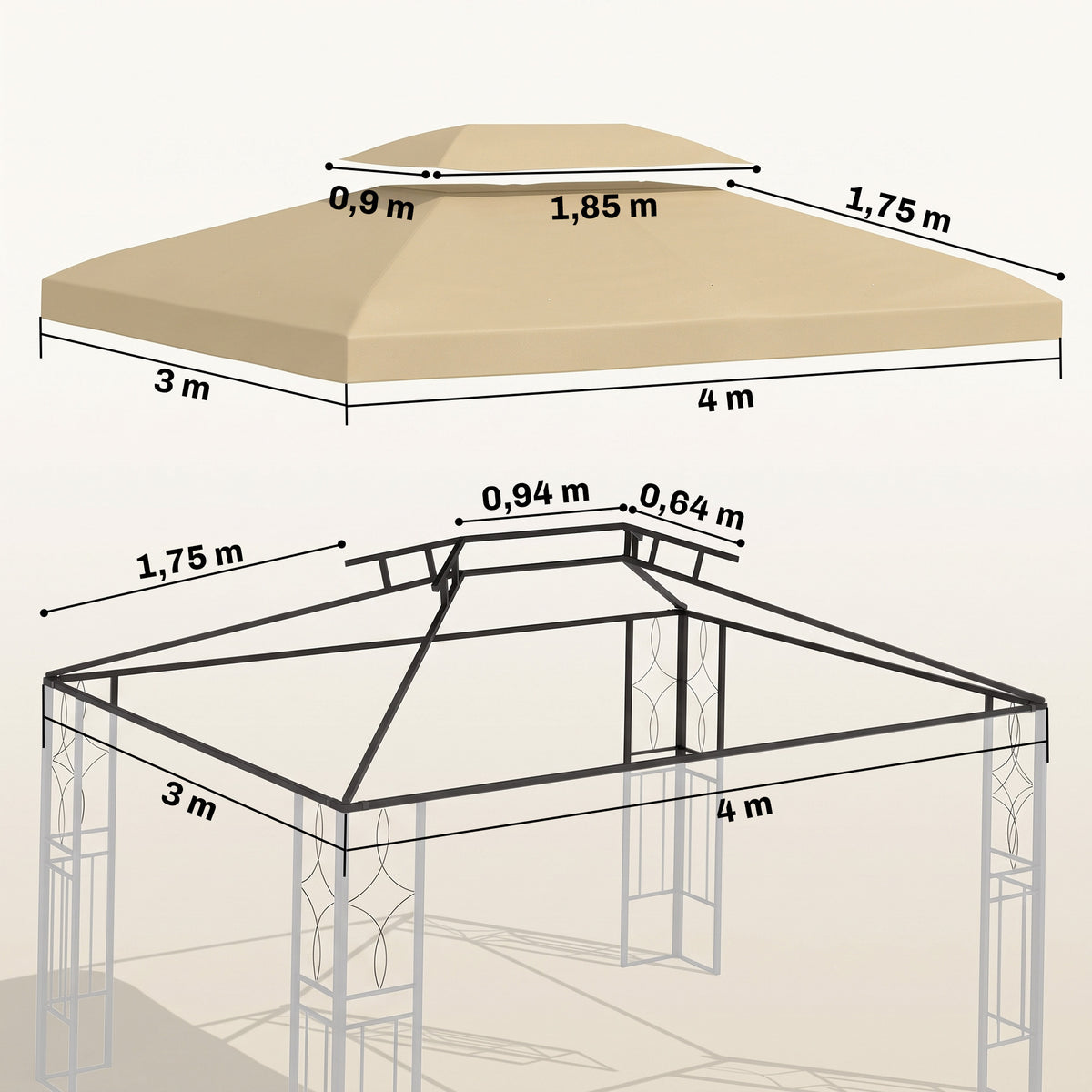 Toile de rechange pour pavillon tonnelle tente 3 x 4 m polyester haute densité 180 g/m² beige-2