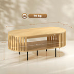 Table basse ovale, table de salon avec rangement, coins arrondis, design lattes, 100 x 50 x 40 cm, effet bois naturel-2