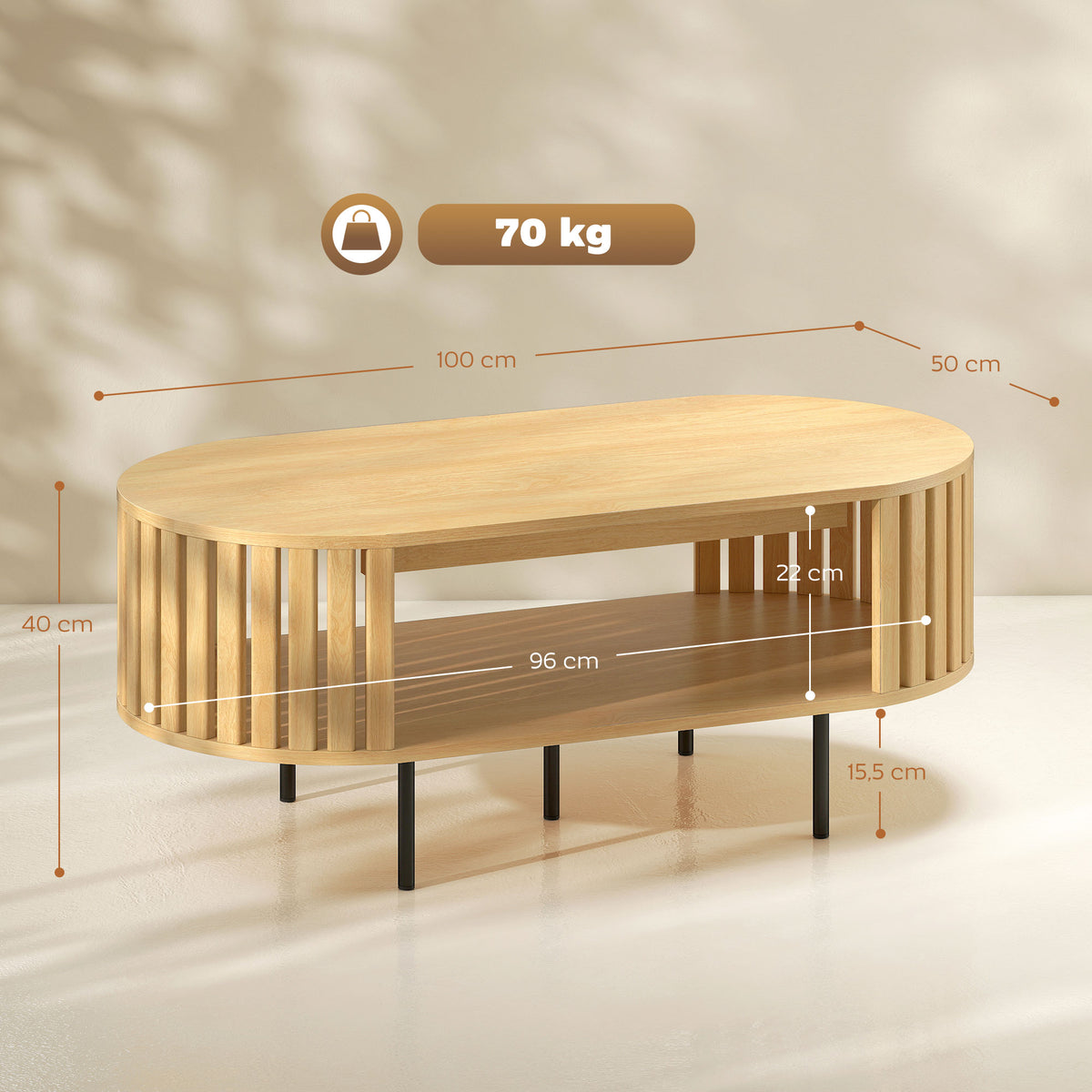 Table basse ovale, table de salon avec rangement, coins arrondis, design lattes, 100 x 50 x 40 cm, effet bois naturel-2