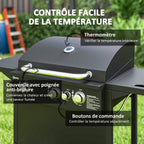 Barbecue gaz 3+1 brûleurs en acier, puissance 9,5 kW, barbecue de jardin 2 grilles étagères latérales, 2 roues, noir-4