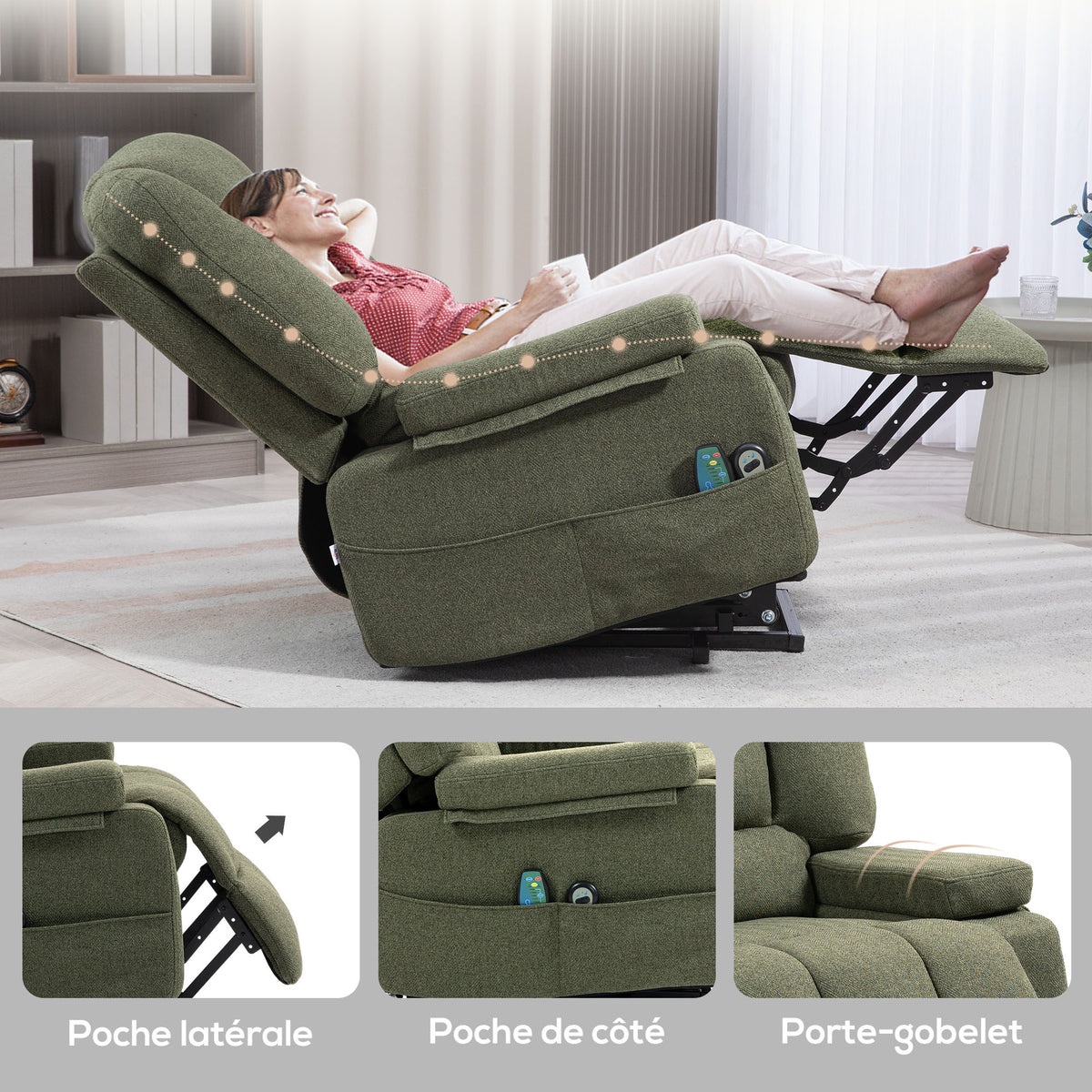 Fauteuil releveur relax électrique, fonction massage et chaleur, inclinaison réglable, repose-pied, télécommandes, vert-7