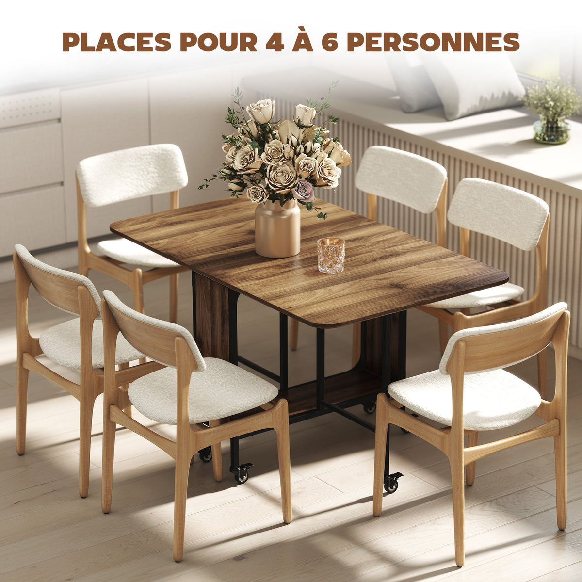 Table à manger pliante sur roulettes, table de cuisine pour 6 personnes avec étagère intégrée, 130 x 80 x 74 cm, marron-4