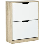 Meuble à chaussures 8 paires, armoire à chaussures étroite, 2 tiroirs rabattables, chêne et blanc-0