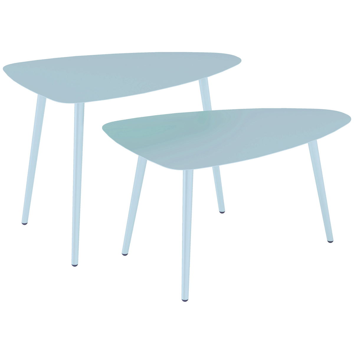 Lot de 2 tables basses de jardin, tables d'appoint gigognes triangulaires, cadre en acier patins ajustables bleu clair-0