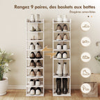 Étagère chaussure à 9 niveaux, range-chaussure jusqu'à 9 paires avec plateau supérieur, 2 crochets, 30x30x128,4cm, blanc-4
