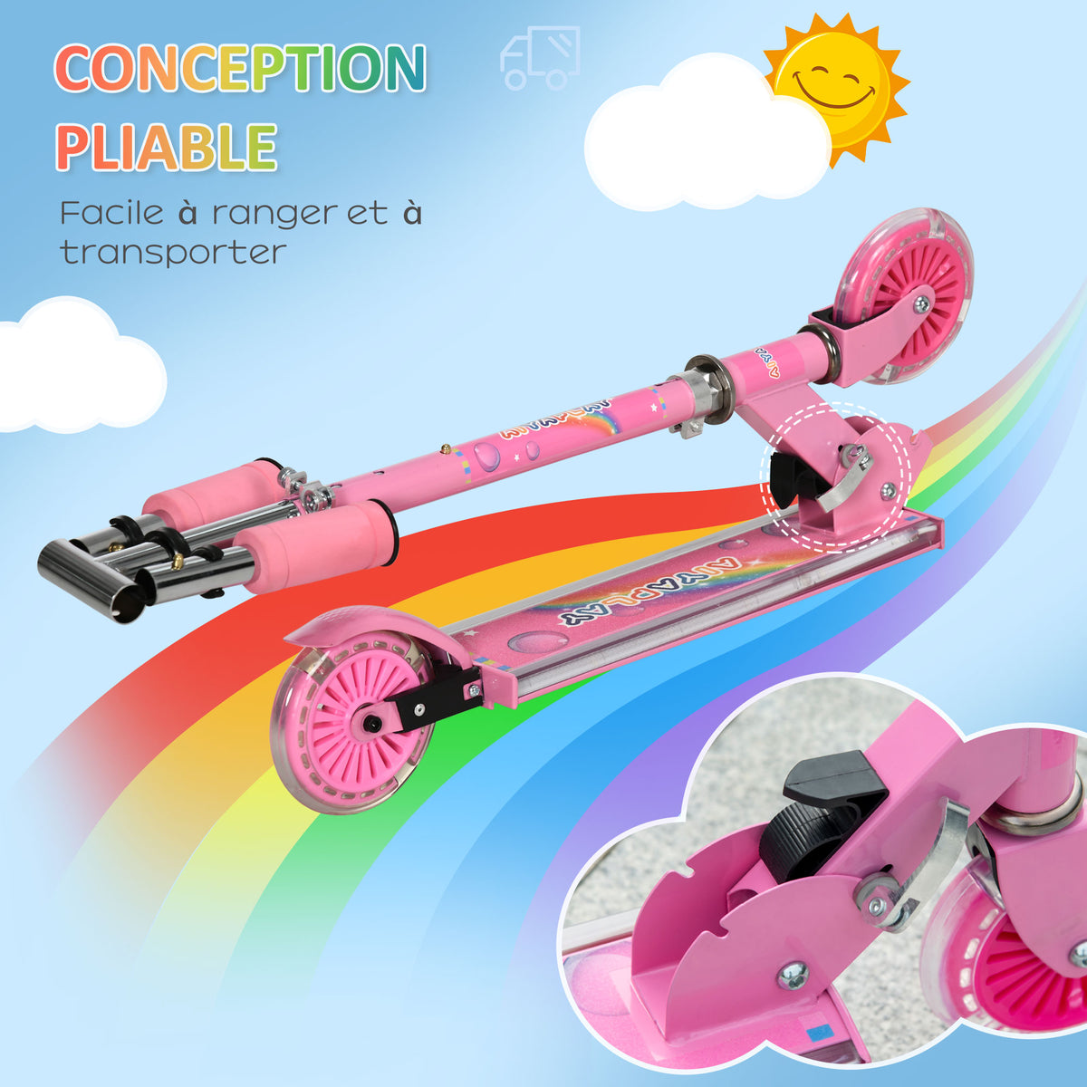 Trottinette pour enfants de 3 à 7 ans pliable roues lumineuses en PU musique 67 x 32 x 78 cm rose-5