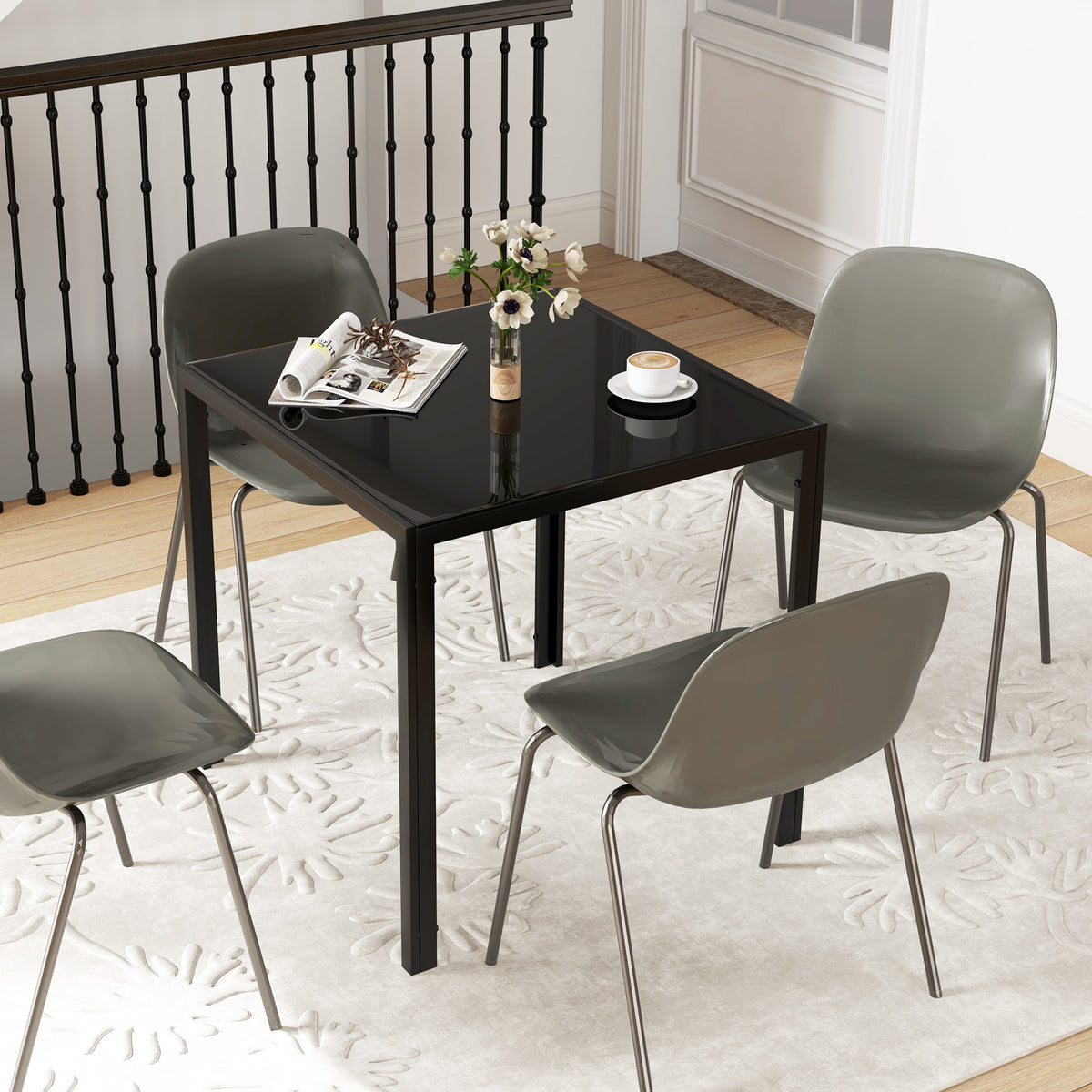 Table à manger pour 4 personnes, table de cuisine avec plateau en verre trempé et pieds en acier, 75 x 75 x 75 cm, noir-6