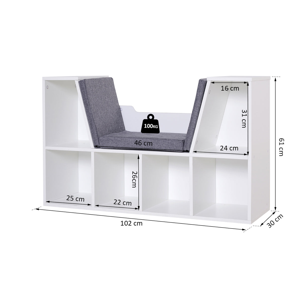Bibliothèque banc 2 en 1 avec coussins de siège, étagère cube 6 compartiments ouverts et 2 niveaux, meuble de-2