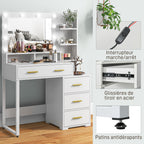 Coiffeuse avec miroir et 9 lumières LED, 4 tiroirs et 6 compartiments ouverts, 100 x 40 x 138 cm, blanc-5