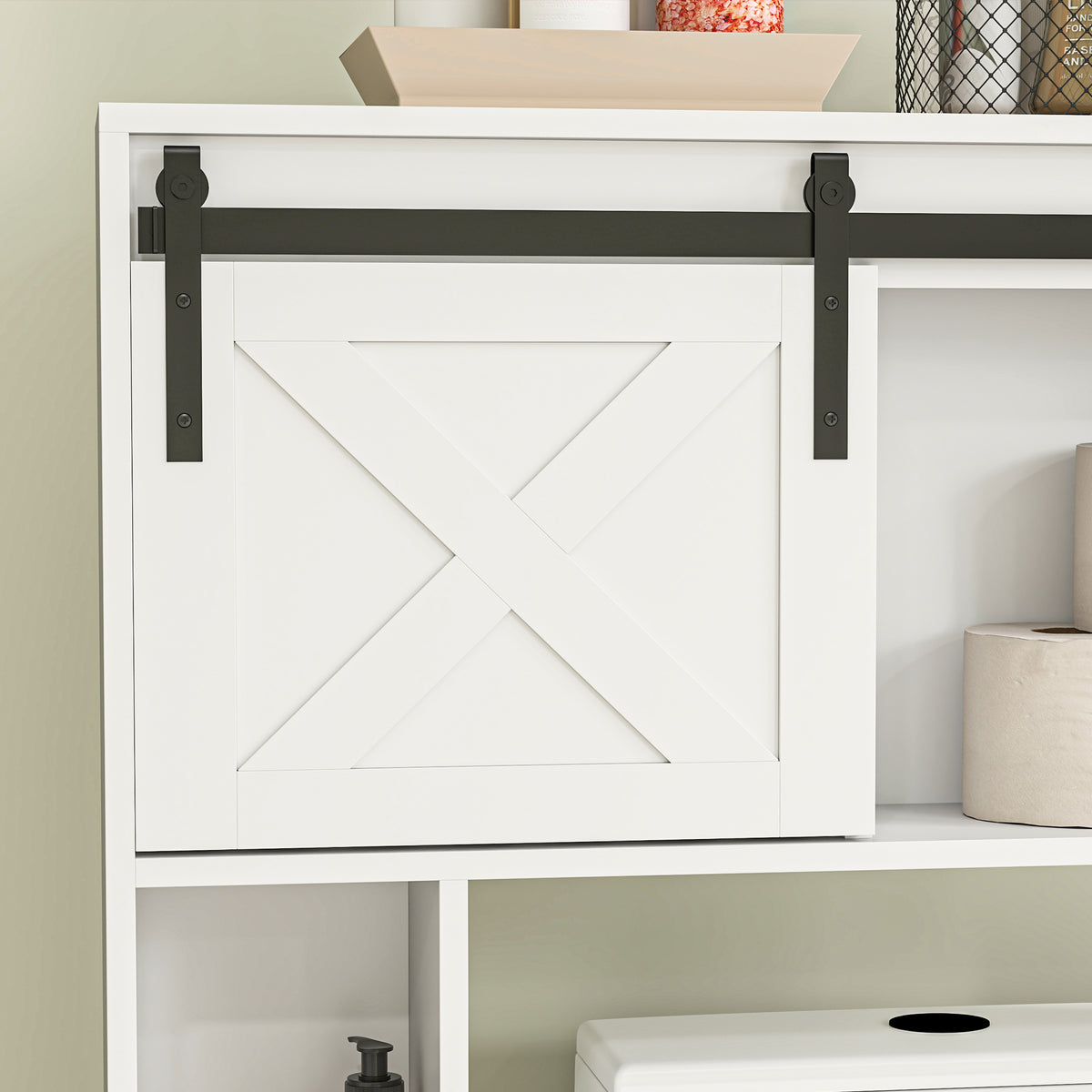 Meuble de rangement au-dessus des toilettes avec porte coulissante, Meuble étagère dessus WC, étagère réglable, blanc-8