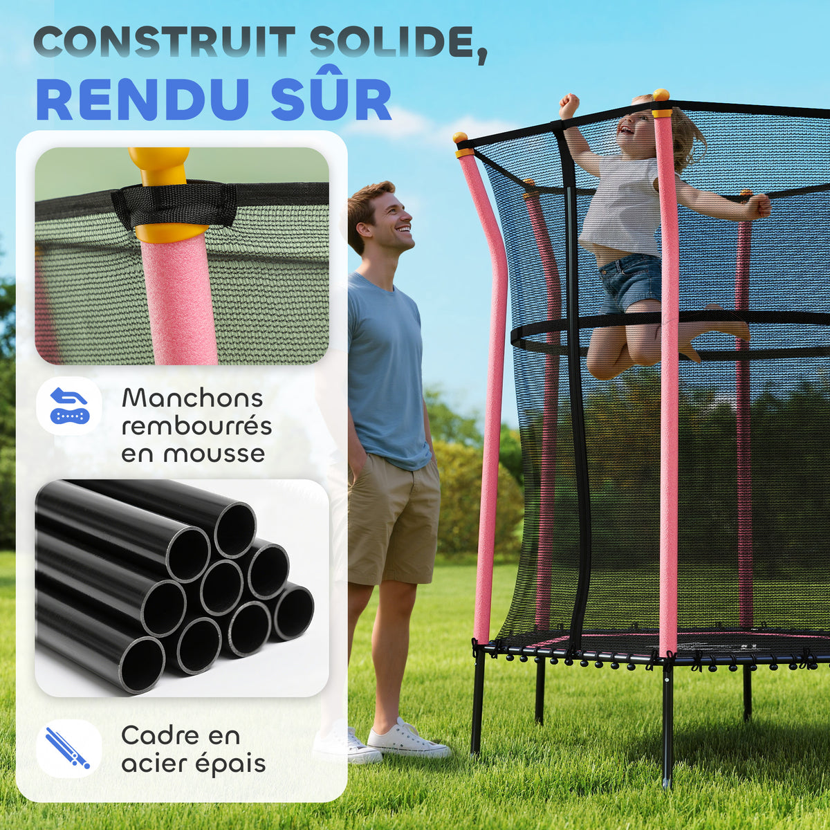 Trampoline pour enfant 1,22 x 1,11 x 1,9 m filet de sécurité porte zippée 6 poteaux rembourrés inclus rose noir-3