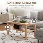 Table basse de salon, table d'appoint rectangulaire à 2 niveaux avec étagère de rangement, 90x45x44,5cm, bois naturel-4