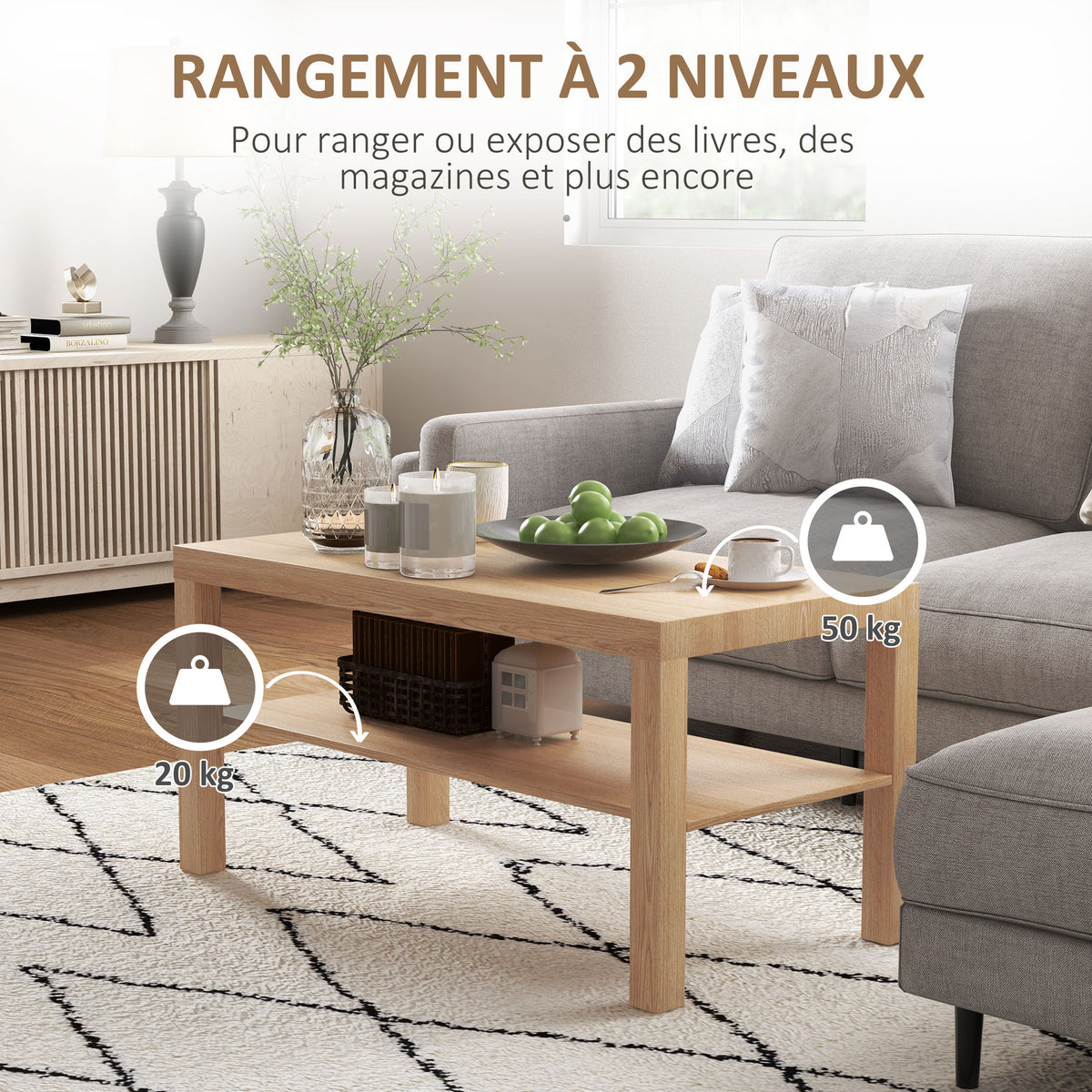 Table basse de salon, table d'appoint rectangulaire à 2 niveaux avec étagère de rangement, 90x45x44,5cm, bois naturel-4