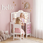 Coiffeuse enfant 2 en 1 avec tabouret miroir triptyque et lumières LED bicolores 93,6 x 48,5 x 111,5 cm blanc-1
