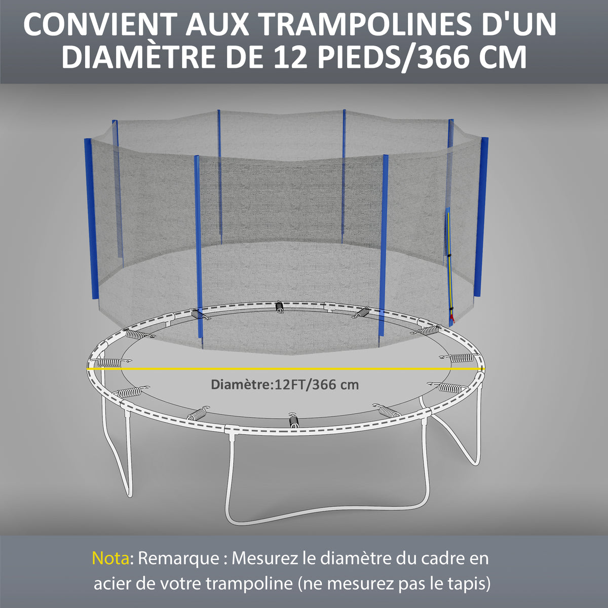 Filet de remplacement pour trampolines Ø 366 cm 8 poteaux droits filet de sécurité pour trampolines, entrée zippée-3