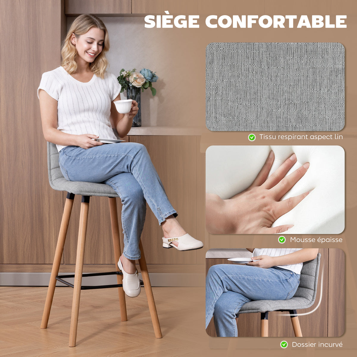 Lot de 2 tabourets de bar, chaises de bar, assise rembourrée, dossier et repose-pieds, 48 x 48 x 99,5 cm, gris-3