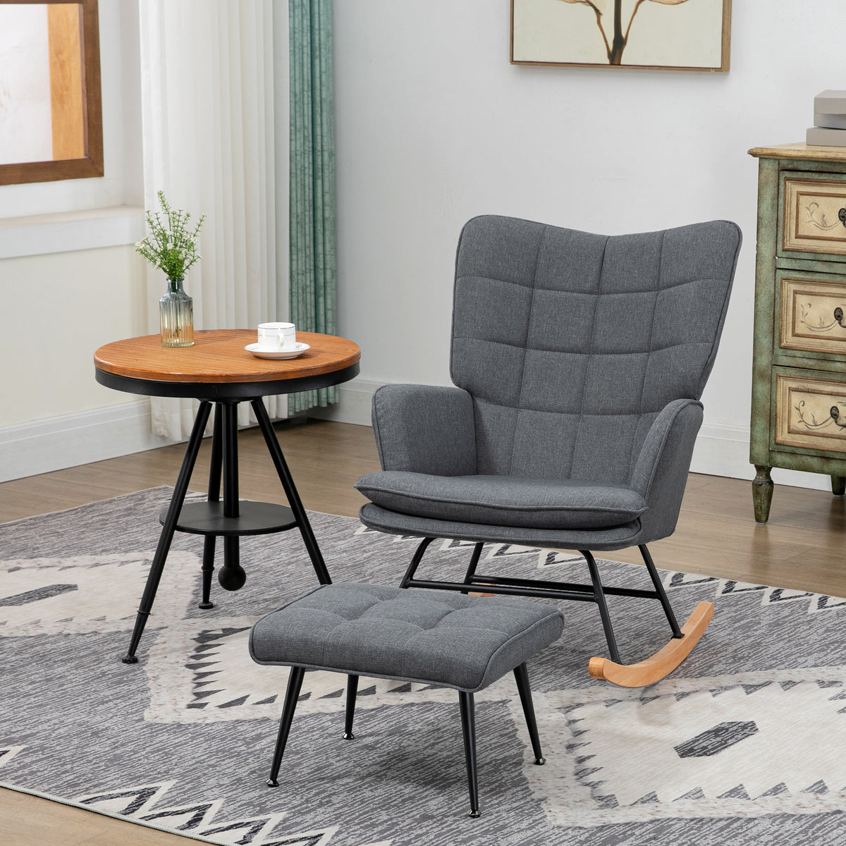 Fauteuil à bascule avec repose-pieds, rocking chair, assise large, dossier haut, coussin inclus, 64 x 89 x 90 cm, gris-1