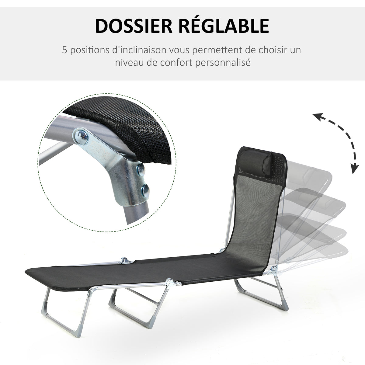 Bain de soleil transat chaise longue inclinable pliable avec oreiller dossier réglable sur 5 niveaux noir-3