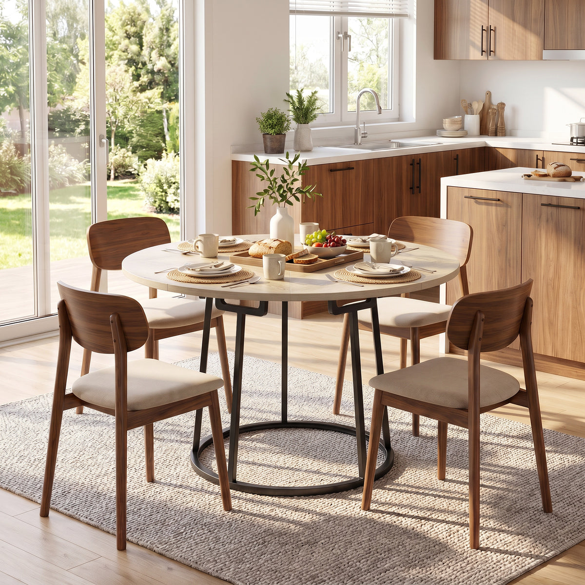 Table à Manger Ronde pour 4 à 6 Personnes, Ø 120 x 75 cm, Table de Cuisine avec Piétement Conique en Métal, Bois Naturel-7