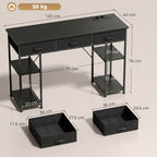 Bureau avec rangement avec prises de courant, 3 tiroirs en tissu et 4 étagères de rangement, 120 x 40 x 76 cm, noir-2