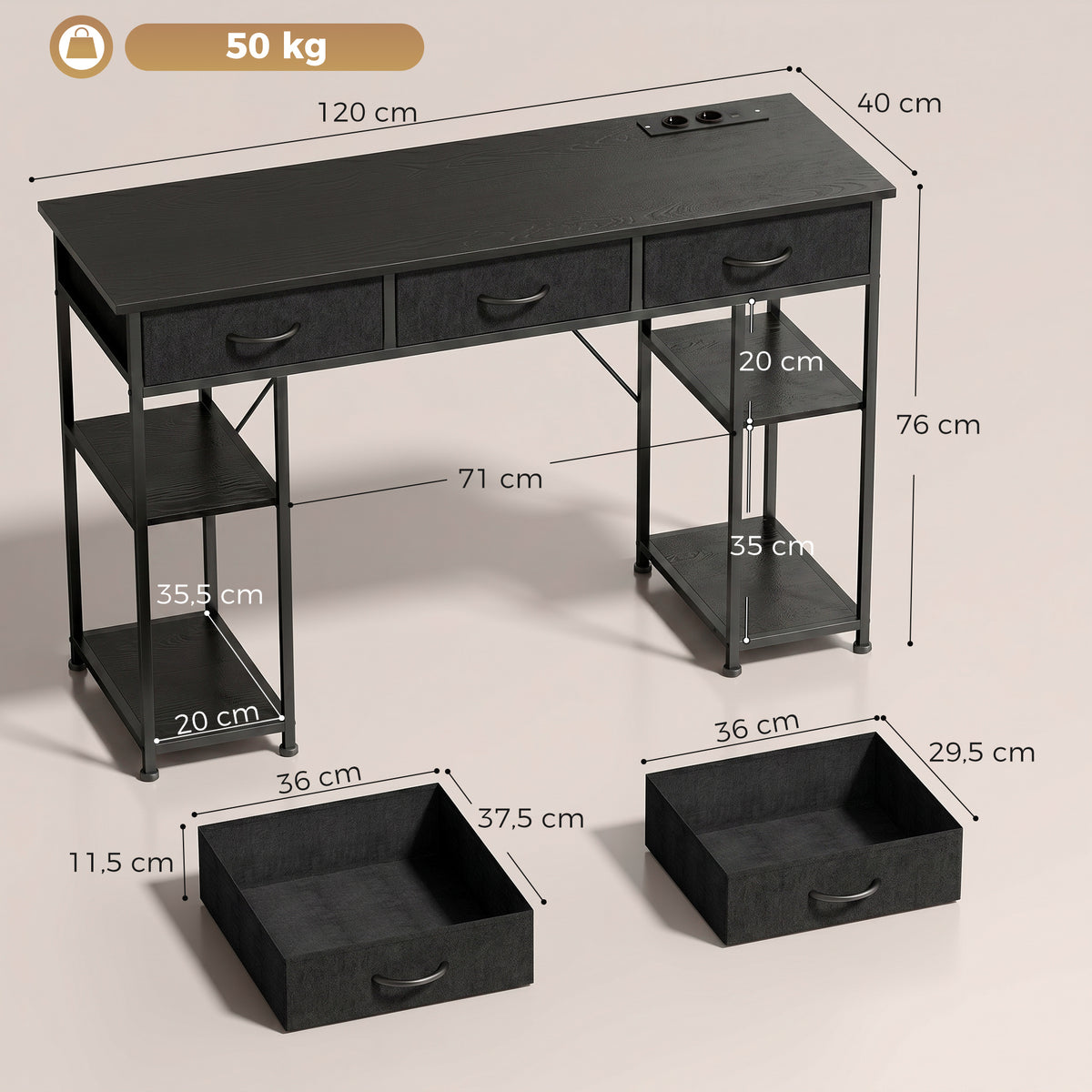 Bureau avec rangement avec prises de courant, 3 tiroirs en tissu et 4 étagères de rangement, 120 x 40 x 76 cm, noir-2