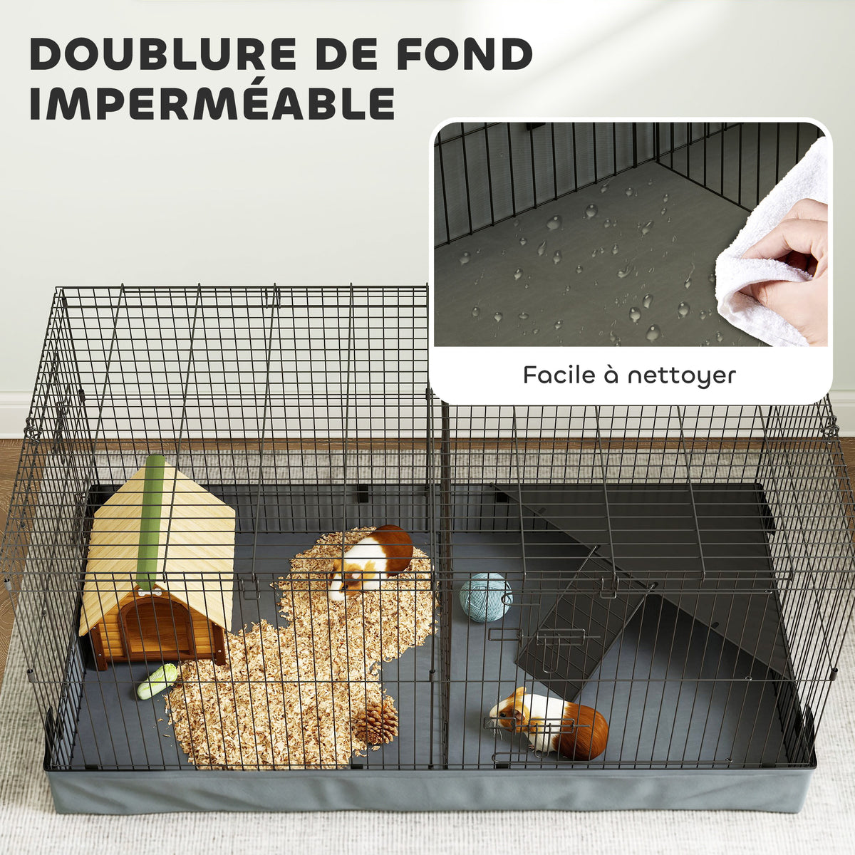 Cage pour petits animaux 2 en 1 avec dessus amovible enclos lapin 2 zones séparées rampe 121 x 61 x 61 cm en acier noir-5