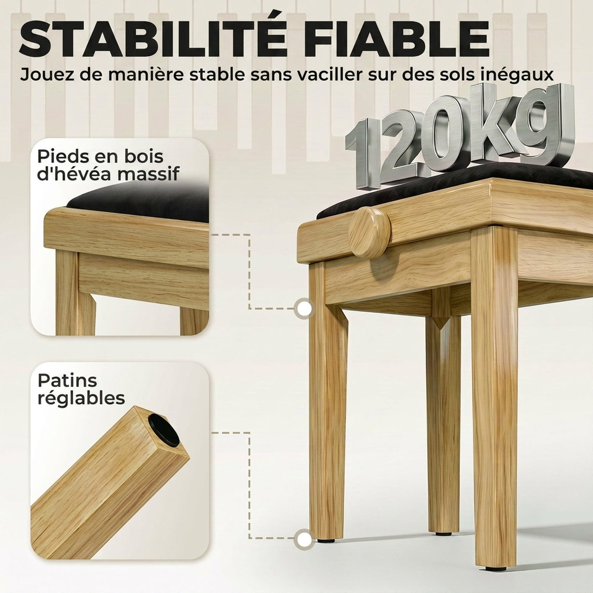 Banc de Piano, Tabouret Piano Réglable en Hauteur 45-56 cm, Banc de Clavier, Siège Rembourré en Velours, Bois Naturel-4