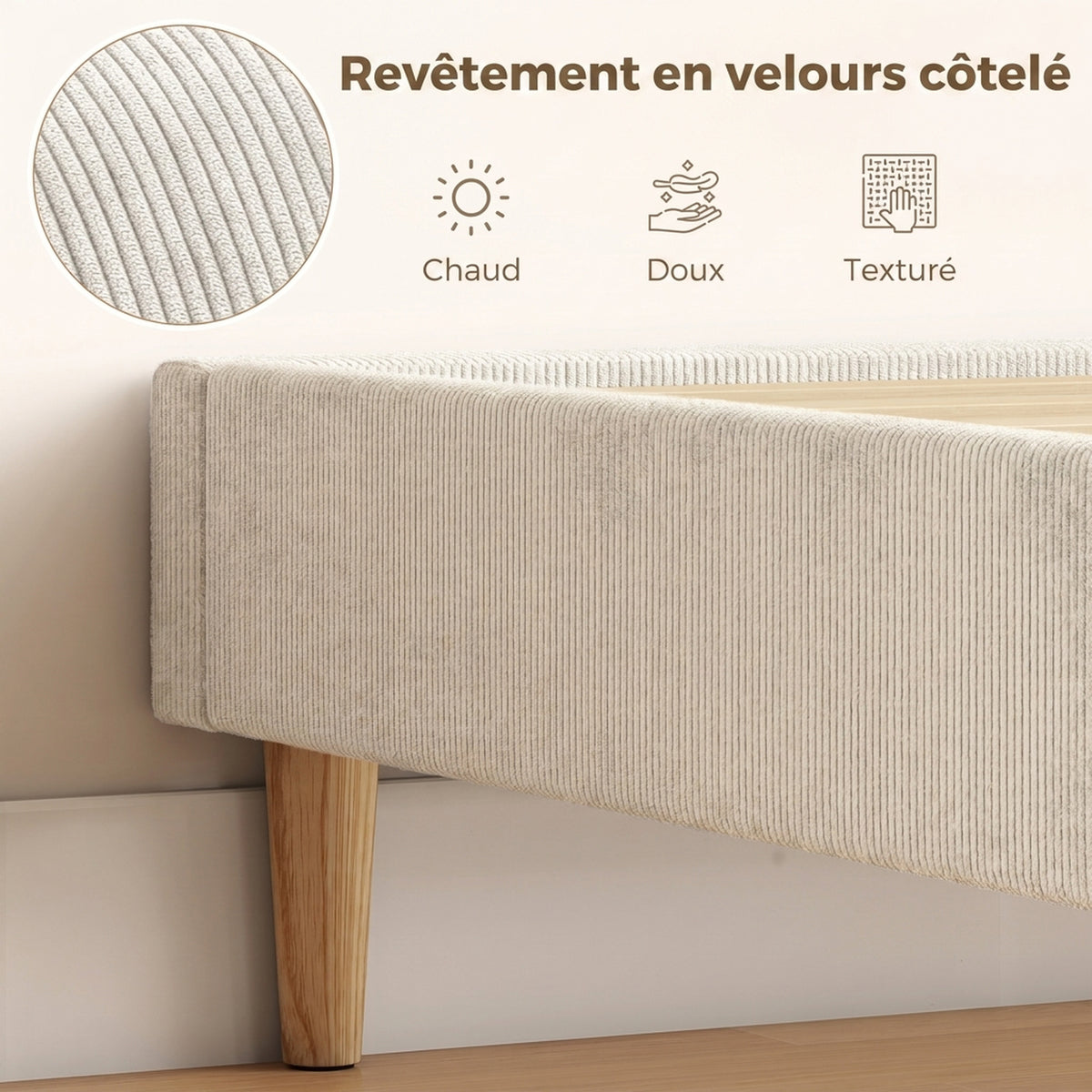 Cadre de Lit 160 x 200 cm avec Sommier, Lit Double Rembourré en Velours Côtelé, Espace de Rangement Au-Dessous, Crème-3