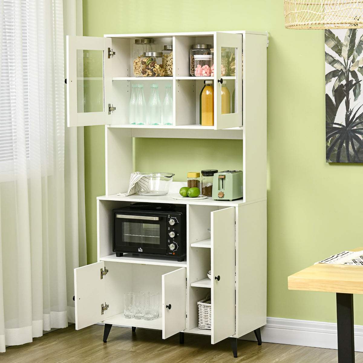 Armoire de cuisine avec 3 placards, niches, étagères réglables, portes vitrées, passe-câble, 90x40x180cm, blanc-9