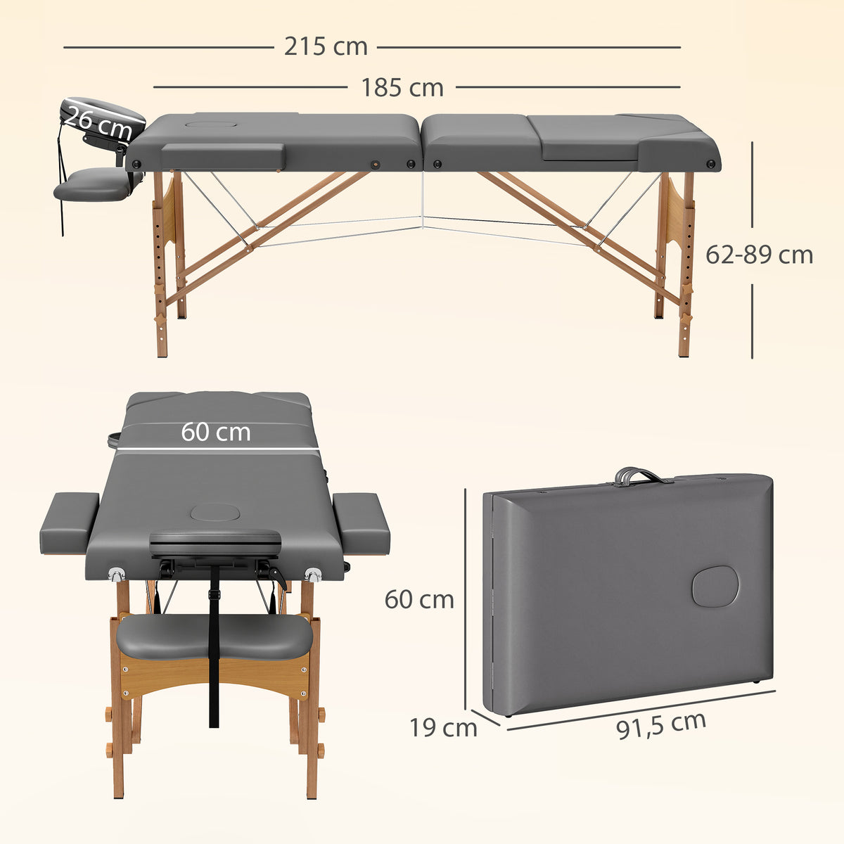 Table de massage pliante, lit de massage 3 zones portable 185 x 60 cm, hauteur et dossier réglables, appui-tête, gris-2