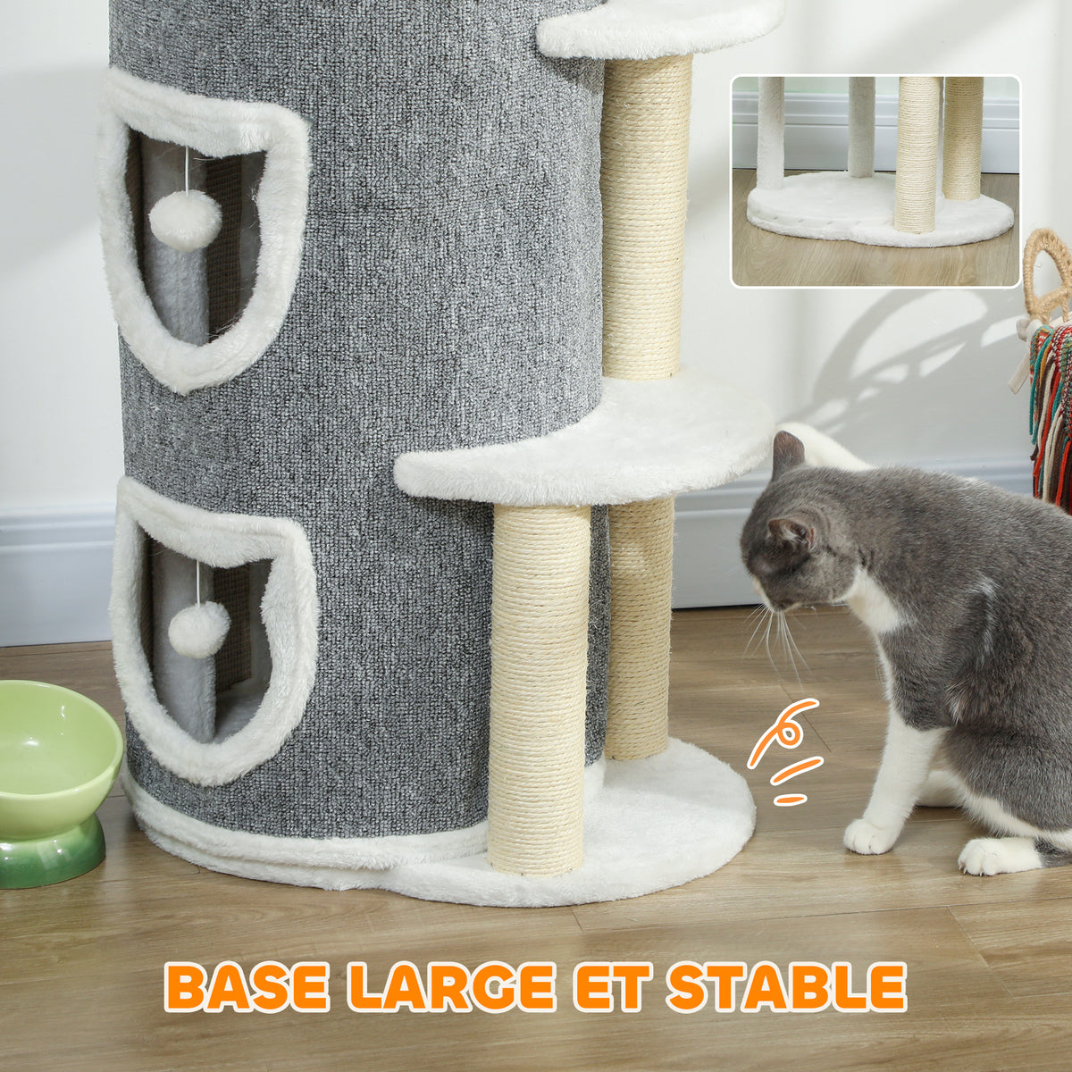 Tour pour chat à 4 niveaux arbre à chat stable avec griffoirs en sisal et bord en peluche 2 plateformes 50x36x101cm gris-5