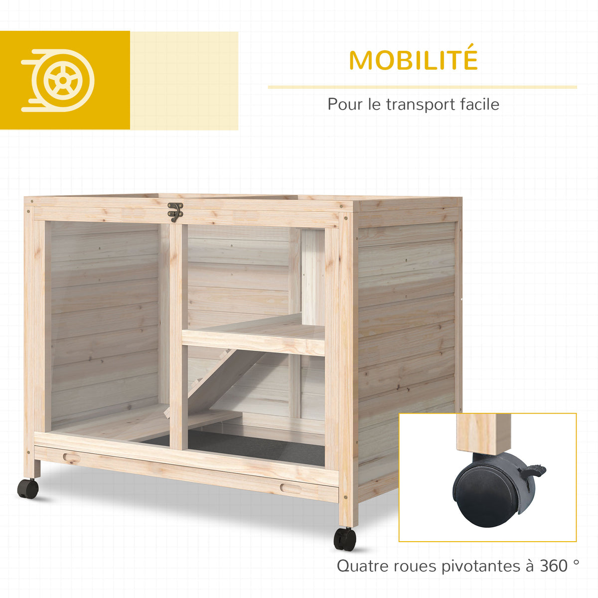 Cage à lapin clapier sur roulettes petit enclos animaux en bois massif 2 étages toit ouvrant plates-formes 91,5 x 53,3 x 73 cm bois naturel-5