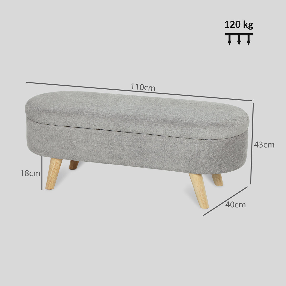 Banc banquette bout de lit coffre de rangement 2 en 1 en tissu avec pieds en bois 110l x 40P x 43H cm gris clair-2