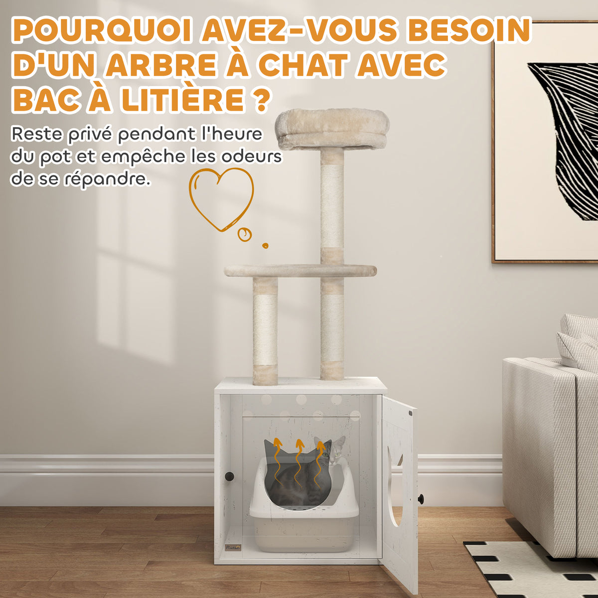 Arbre à chat avec maison de toilettes, tour de jeu 2-en-1 de 129 cm avec cache-litière, poteaux à griffer, crème-4