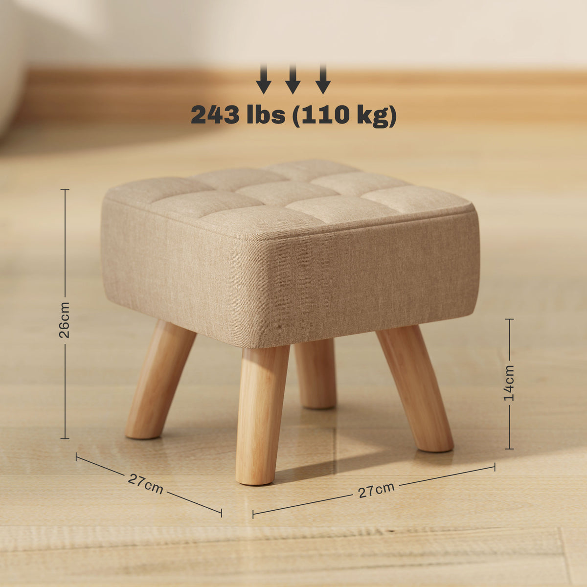 Repose pied salon ottoman siège rembourré en tissu avec pieds en bois 27 x 27 x 26 cm marron clair-2