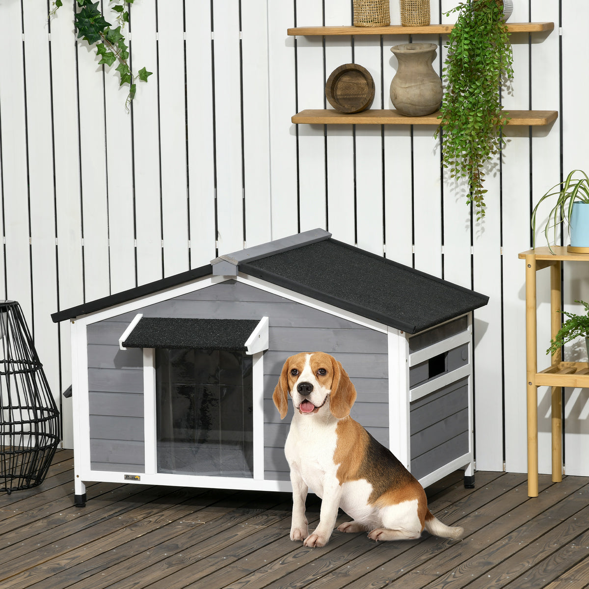 Niche chien style cottage - 2 fenêtres, porte, toit ouvrant bitumé - dim. 109 x 79 x 72 cm - bois sapin gris-1