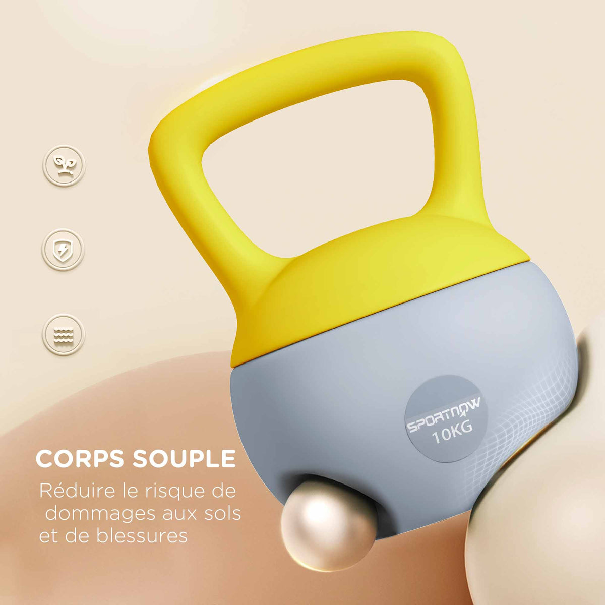 Kettlebell 10kg haltère avec poignée antidérapante pour fitness musculation cardio, gris et jaune-3