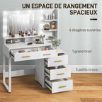 Coiffeuse avec miroir et 9 lumières LED, 4 tiroirs et 6 compartiments ouverts, 100 x 40 x 138 cm, blanc-3