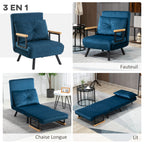 Fauteuil convertible 3 en 1 lit 1 place dossier 5 positions, accoudoirs en bois et coussin, tissu effet velours, bleu-3