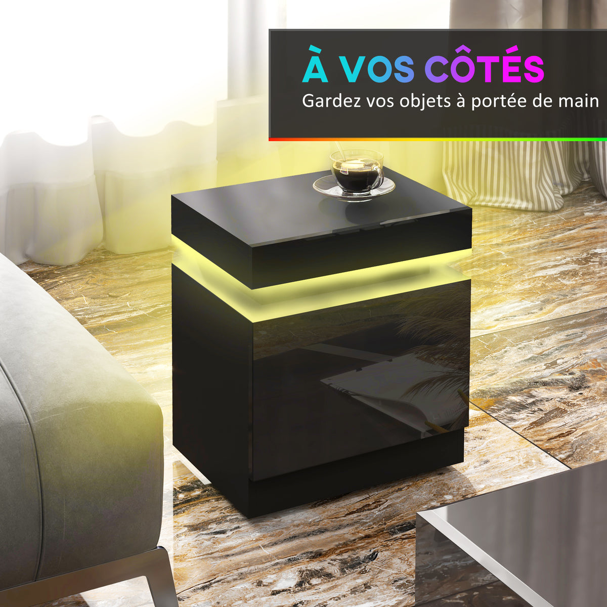Table de chevet table de nuit lumière LED RVB panneau haute brillance avec 2 tiroirs pour salon chambre à coucher noir-4
