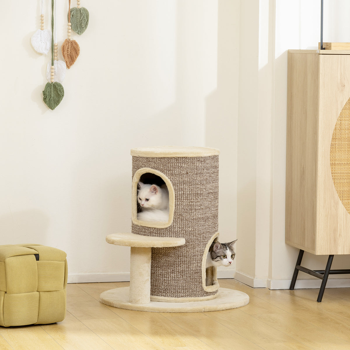 Tonneau à gratter tour à griffer pour chat 2 niveaux avec plate-forme parfait pour griffes & jeu 60 x 60 x 61 cm beige-1