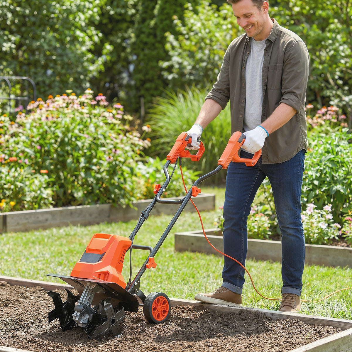 Motobineuse Électrique Motoculteur 1500W 6 Lames 65Mn Largeur 40cm Profondeur 20cm Pliable et Étanche IPX4 Orange-9