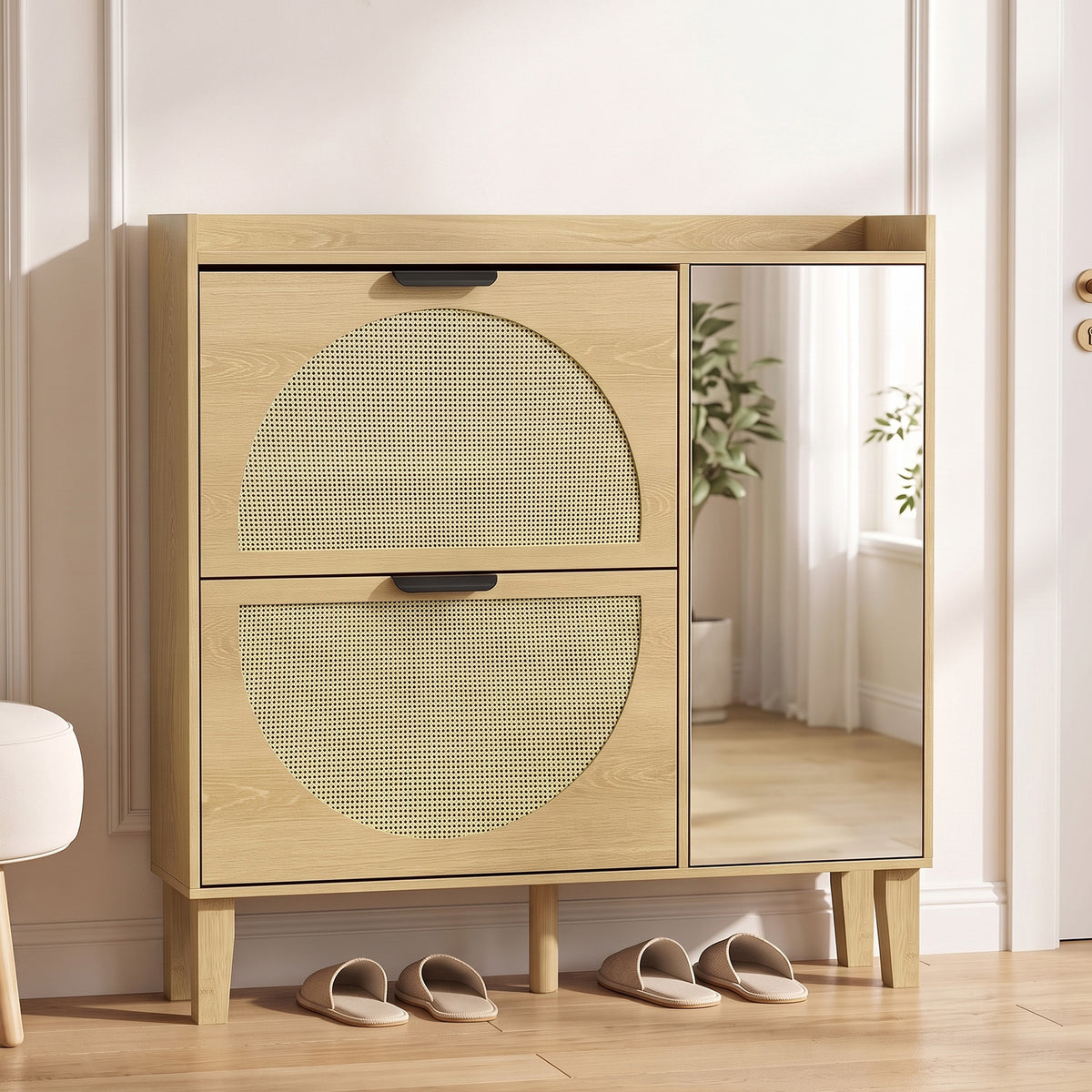 Meuble à Chaussures 10 Paires, Armoire à Chaussures, Porte en Miroir, 2 Tiroirs Rabattables et Étagères Réglables, Chêne-1