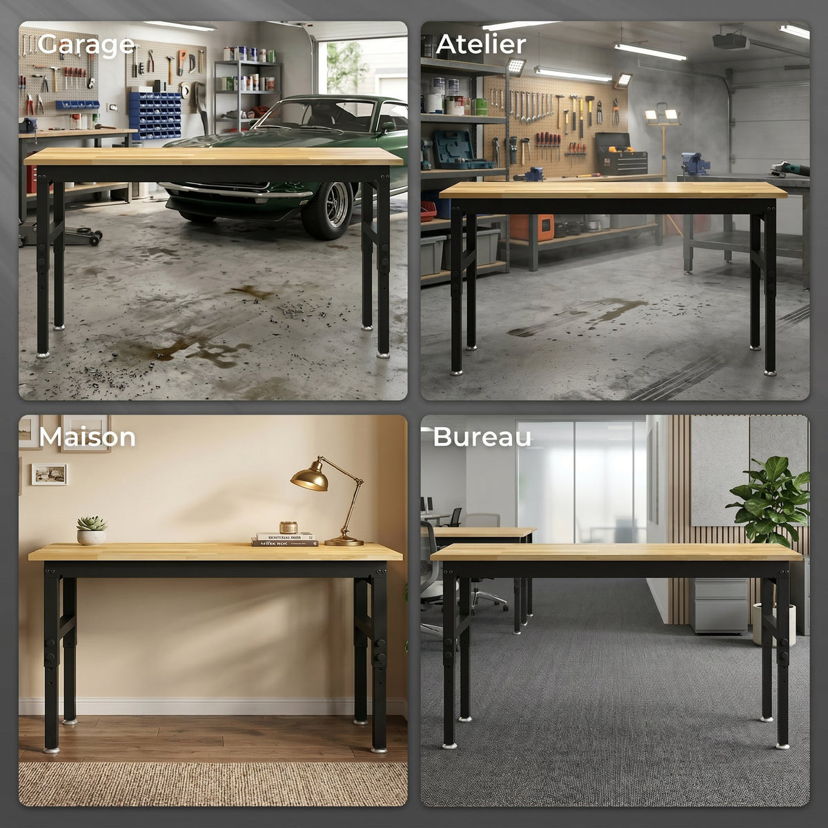 Établi d'Atelier Réglable, 121,9x50,8x79-99cm, Charge 900 kg, 2 Prises et 2 Ports USB, Panneau Perforé, Noir-7