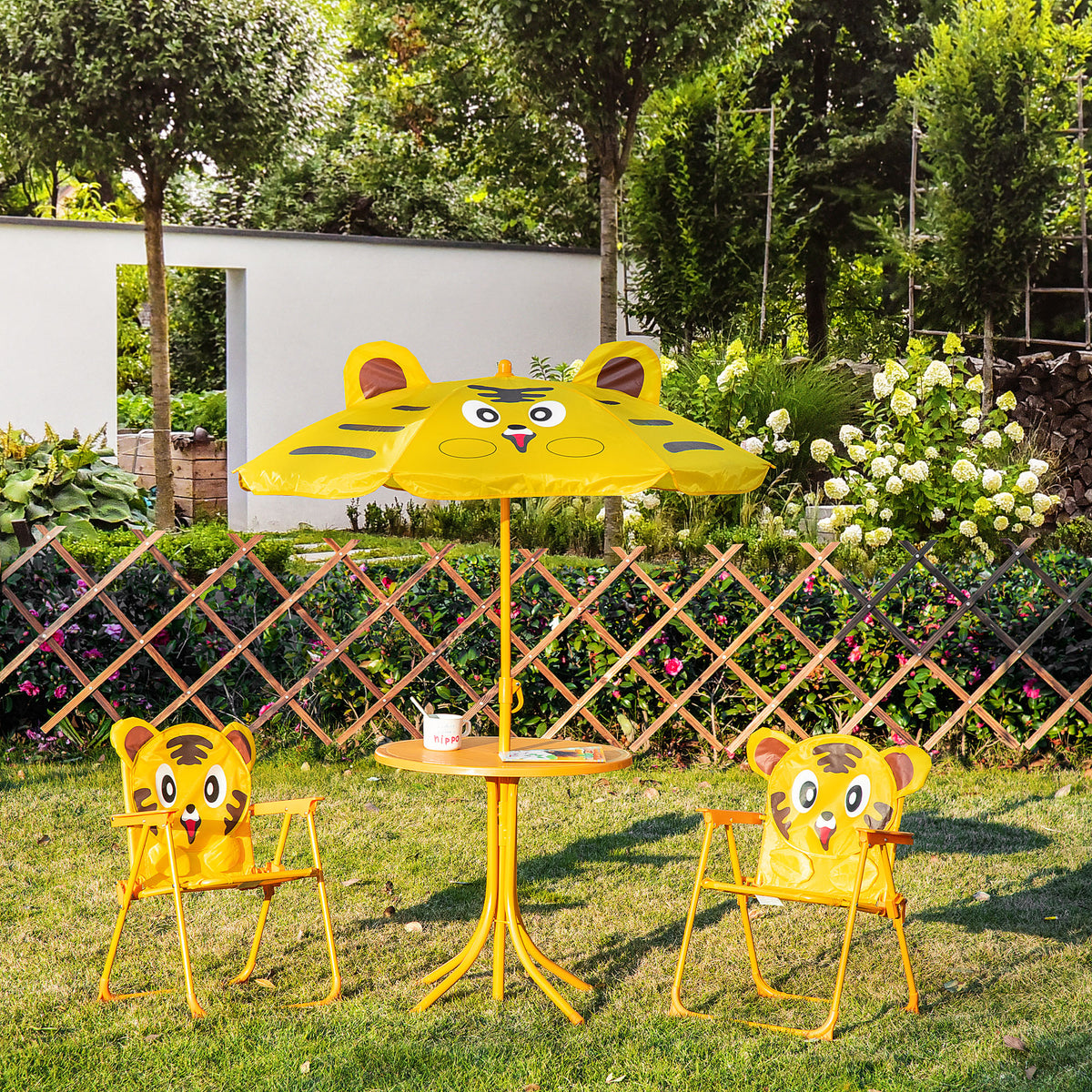 Ensemble Salon de Jardin Enfant 4 pcs Design Tigre - Table Ronde + 2 chaises Pliables + Parasol - métal époxy Oxford Jaune-7