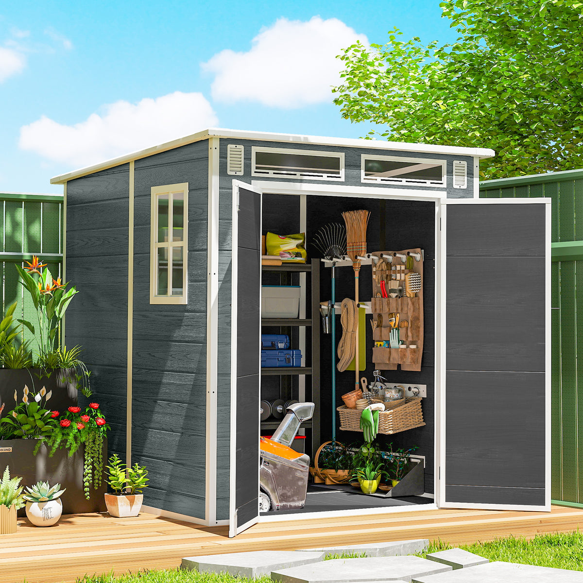 Abri de Jardin en Résine Cabanon de Rangement Double Porte 3 Fenêtres et 2 Aérations Anti-UV avec Plancher 3,3 m² Gris-1